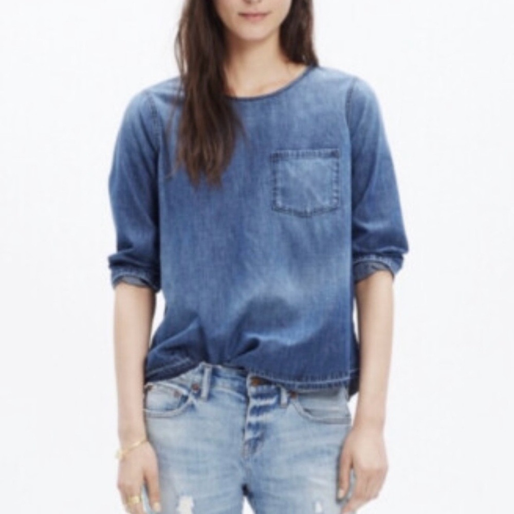 Madewell Denim Drop raw hem 3/4 inch length sleeve one pocket shirt size large